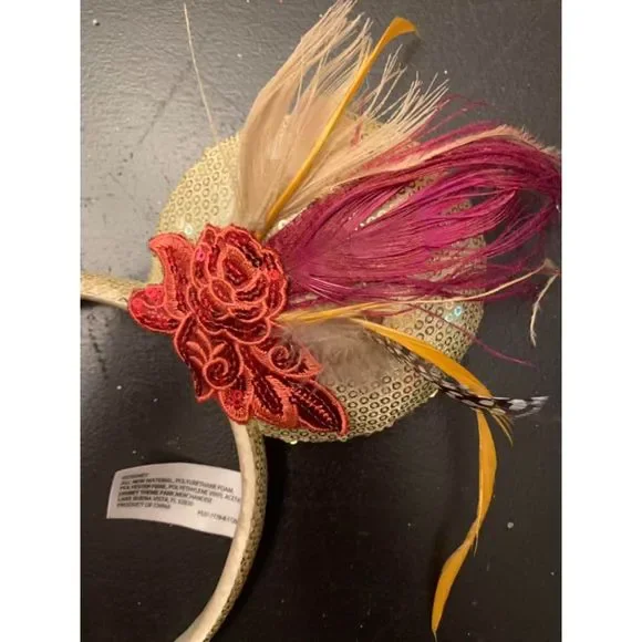 Disney Park Minnie Mouse Ears Gold Sequin Feather Roaring 20s Flapper Flower EUC